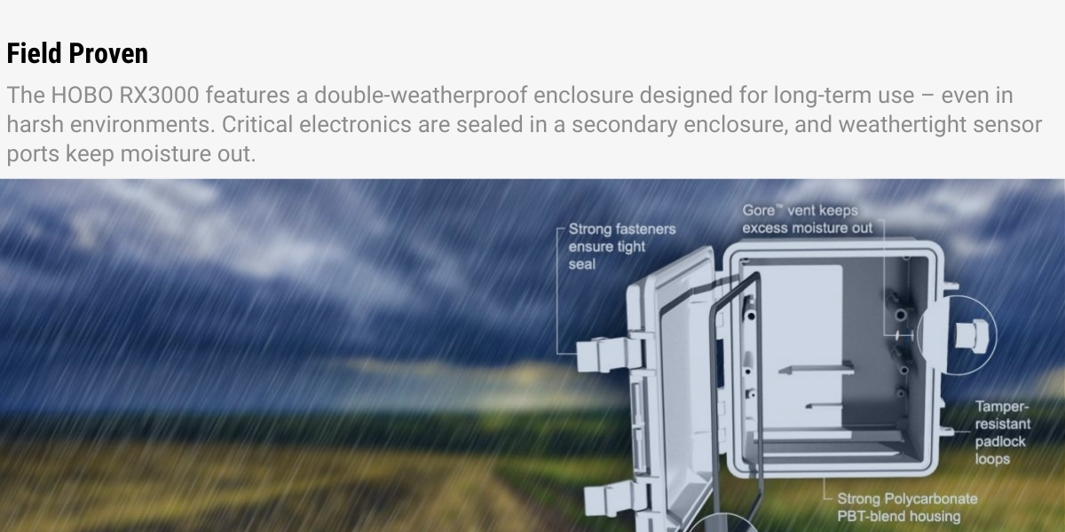 Field-Proven: The HOBO RX3000 features a double-weatherproof enclosure designed for long-term use – even in harsh environments. Critical electronics are sealed in a secondary enclosure, and weathertight sensor ports keep moisture out.